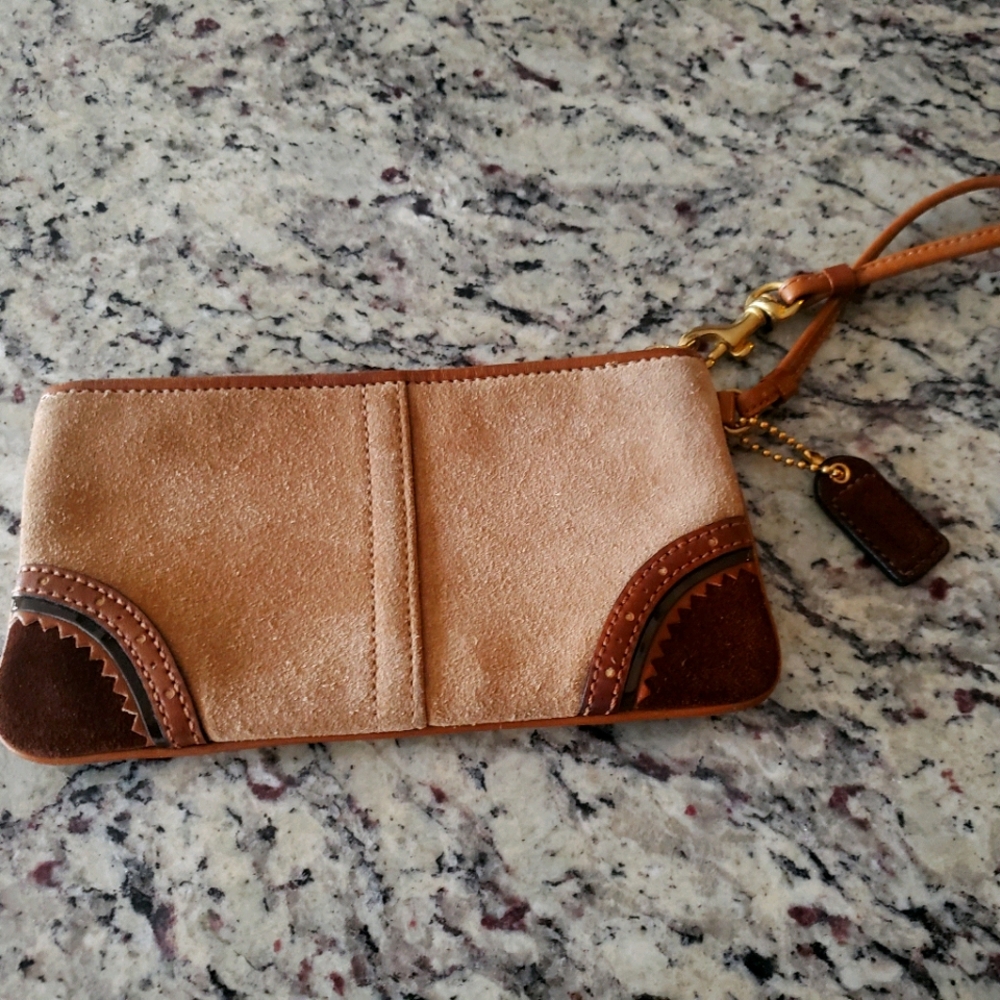 Small Coach Clutch Sued Tan and Brown